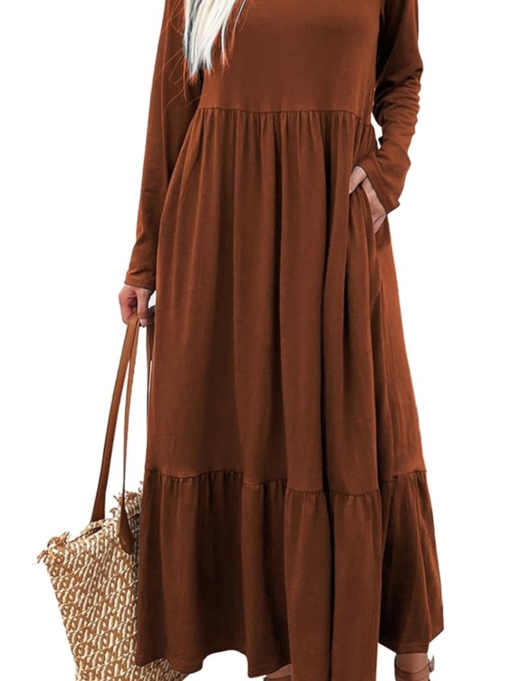 Women's Long Sleeve Tiered Maxi Dress in Brown